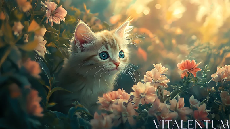 Porcelain Feline in Golden Hour Garden: Softly Rendered Kitten Amidst Blooming Florals