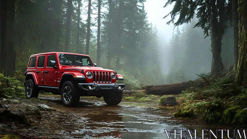 Red off-road SUV stands on wet forest trail in fog