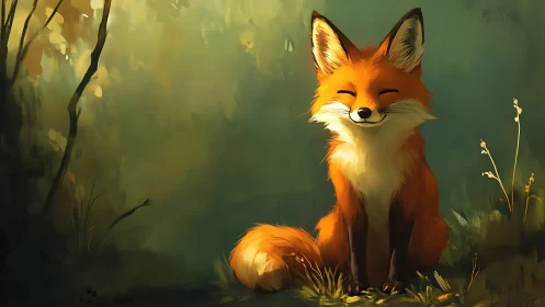 Smiling woodland fox enjoys gentle sunlight in a forest glade.