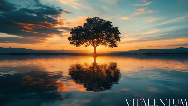 Solitary lakeside tree glowing in a soft golden sunset.