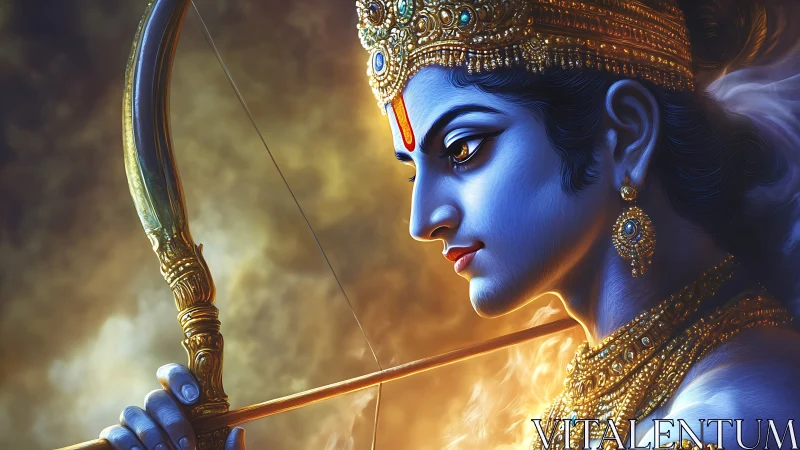 Blue archer prince in molten gold light of sacred resolve.