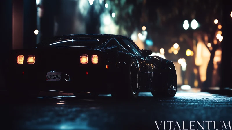 Midnight sports car glows under moody city streetlights.
