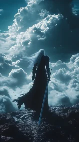 Stormlit swordsman at the edge of the skybound abyss.