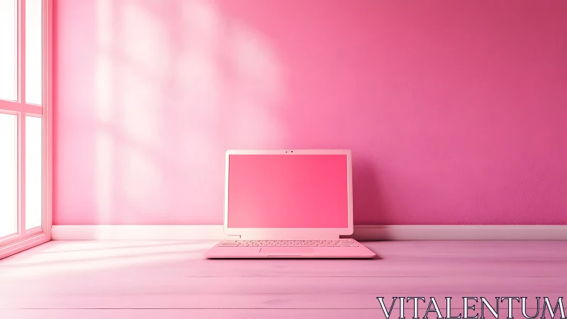 Monochrome pink laptop on floor by sunlit window wall