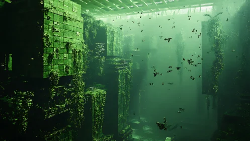 Overgrown submerged ruins glow in luminous green haze.