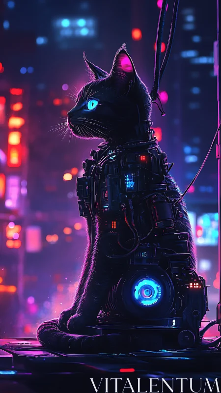 Cybernetic black cat sits wired in neon city nightscape