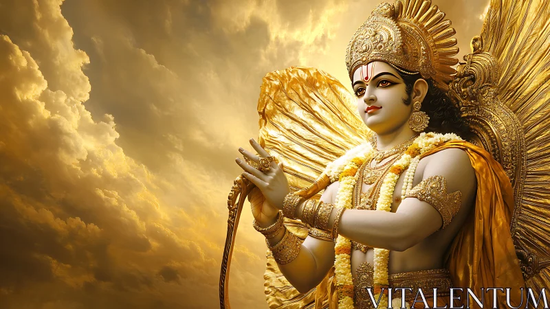 Digital rendering depicts ornate divine figure before clouds