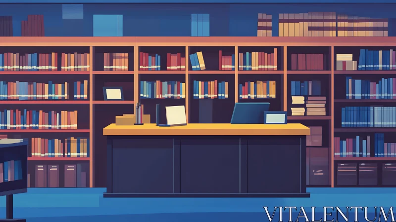 Modern library reference desk with digital workstations.