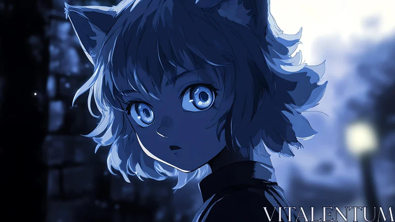 Blue-lit catgirl portrait under nocturnal streetlamp glow.