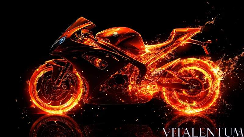 Flaming sport bike streaking through liquid fire glow.