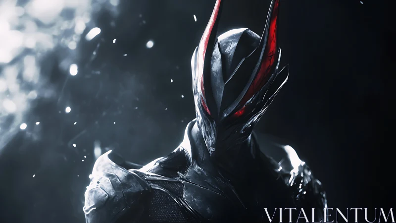 Armored alien warrior emerges from shadow in eerie glow