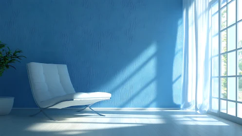 Minimalist blue lounge with white chair and daylight shadows.