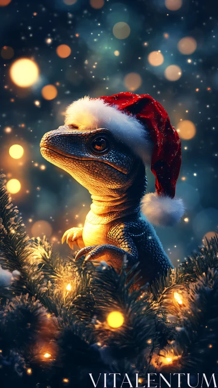 Festive baby dinosaur in Santa hat amid glowing bokeh lights.