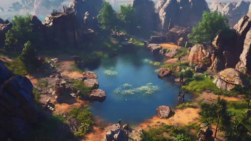 Rocky basin lake is surrounded by cliffs and sparse trees