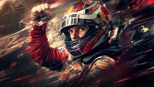 Triumphant racing driver amid streaking ember trails.