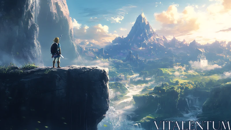 Fantasy hero overlooks vast sunlit mountain kingdom.