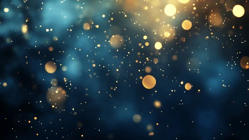 Golden bokeh particles over deep blue blurred background.