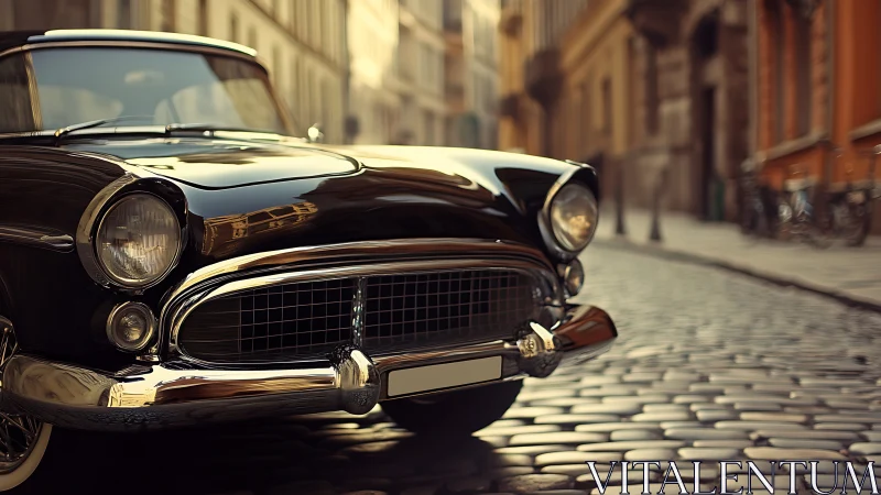 Vintage black sedan on cobblestone street in soft light.