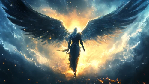 Radiant winged guardian striding through storm and light.