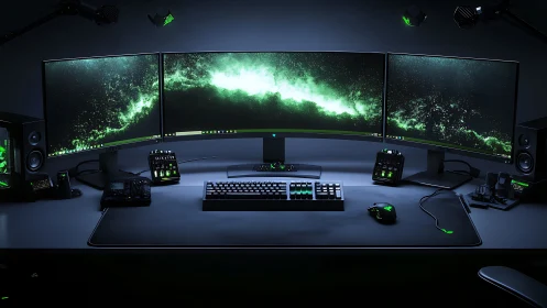 Triple-monitor desktop setup with green-lit peripherals.