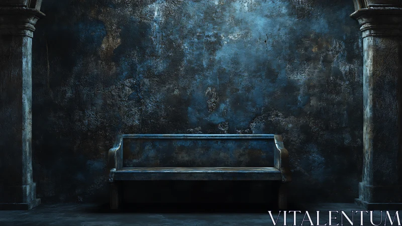 Stone bench against textured blue wall between pillars.