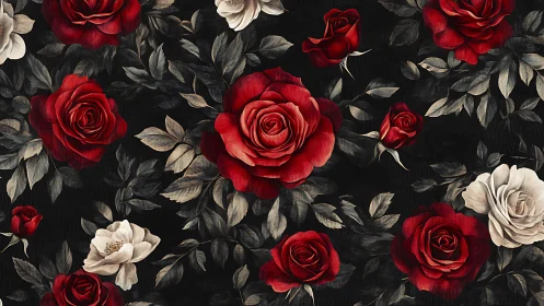 Red and Cream Roses on Black Botanical Floral Pattern.