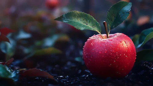 Red apple with dewdrops resting on dark soil outdoors.