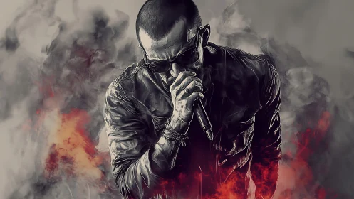 Digital painting captures intense vocalist amid abstract smoke