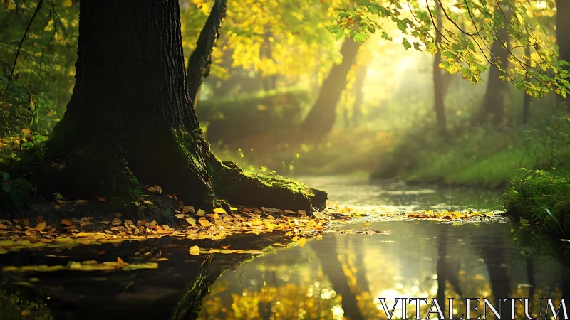 Sunlit forest creek with reflective water and autumn leaves.