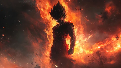 Inferno-charged anime warrior strides through blazing dusk.