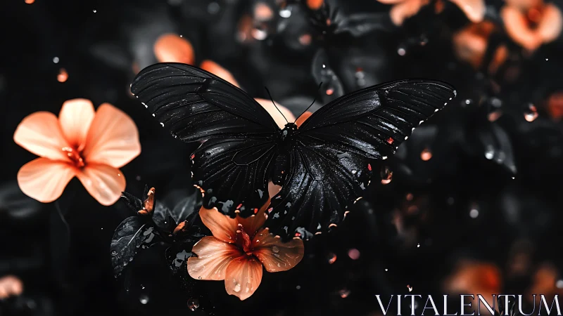 Black butterfly on coral flowers in moody close-up scene.