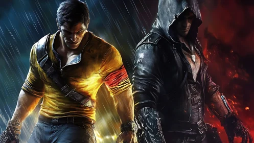 Dual protagonists in rain-split chromatic battlefield tableau.