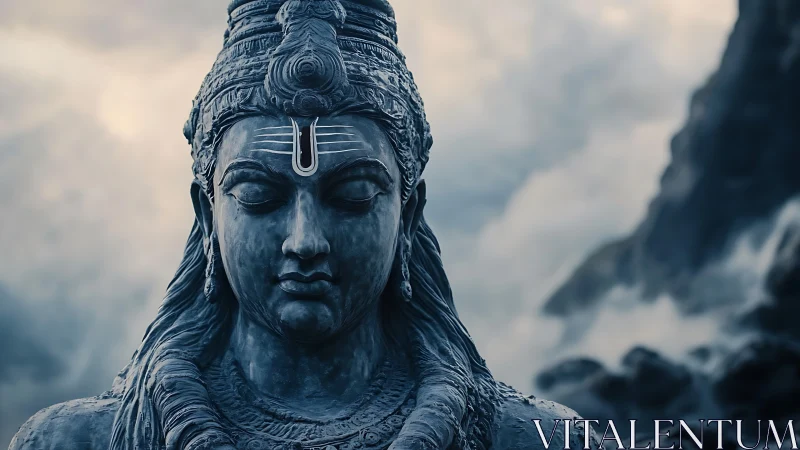 Serene stone deity sculpture against misty mountain backdrop.