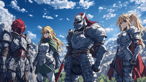 Armored fantasy party stands beneath bright mountain sky.