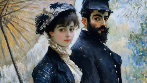 Elegant couple strolls under parasol in luminous garden.