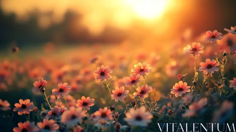 Golden Hour Daisy Field With Shallow Depth Of Field Bokeh.