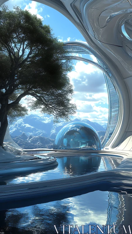 Futuristic alpine sanctuary blends glass domes and water.