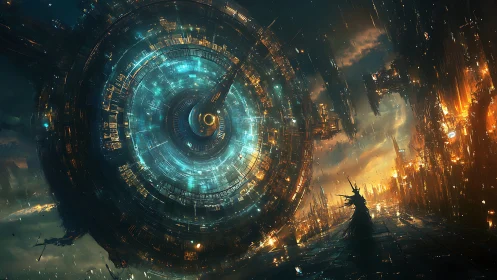 Colossal luminous ring looms above a lone city wanderer.