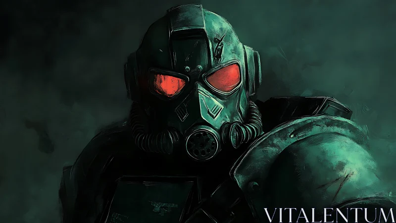 Armored sci fi trooper in gas mask helmet with red visor optics