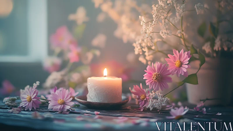 Luminous Moments with Pink Daisies and Glowing Candle