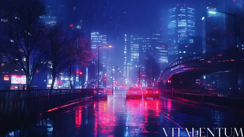 Rainy neon city street with cars under glowing lights.