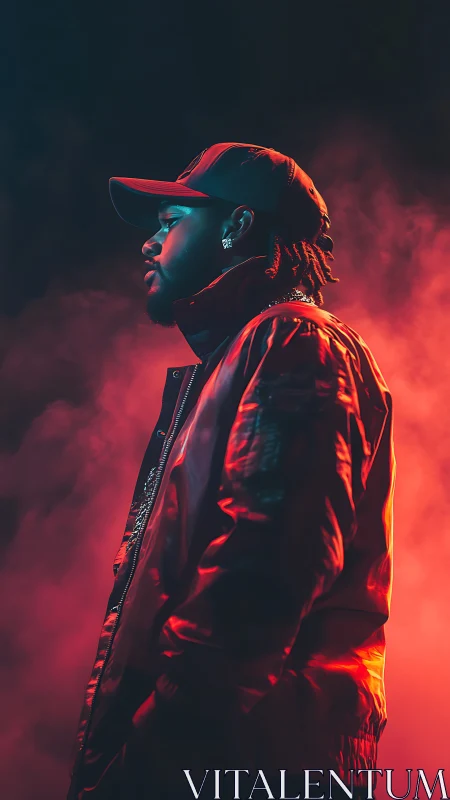 Side-profile portrait of man in red jacket under colored light