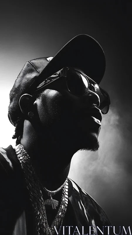 Side-lit monochrome portrait of man in cap and sunglasses.