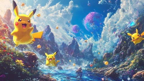 Pikachu figures in luminous extraterrestrial valley landscape.