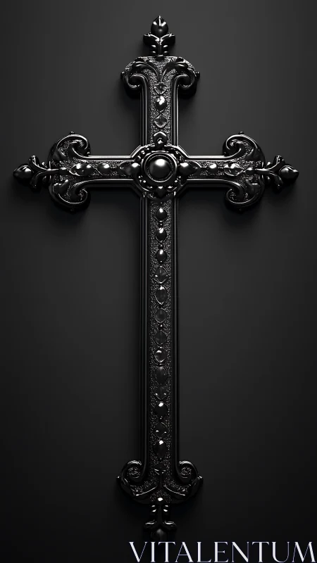 Baroque black metal cross with ornate reflective detailing.