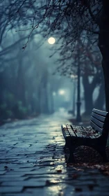 Moonlit park bench on wet pathway under bare tree branches.