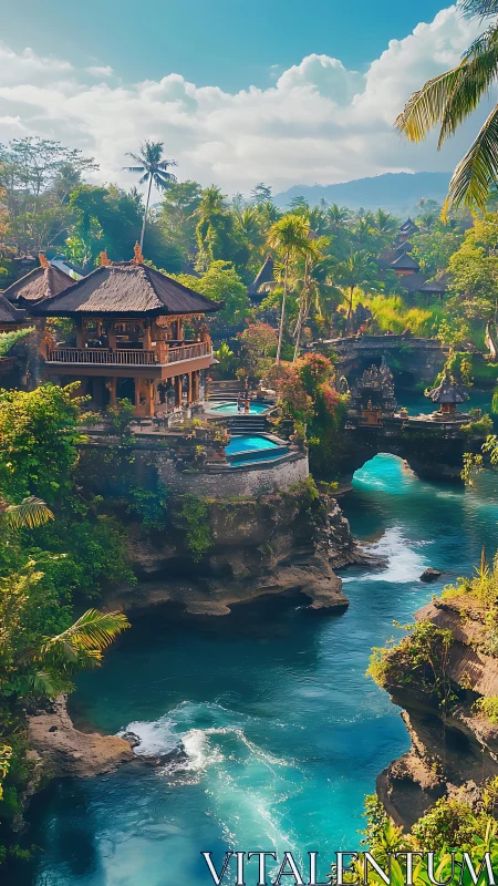 Clifftop tropical villas overlook turquoise river gorge in vivid light