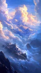 Soaring sunlit clouds cradle peaceful blue mountain peaks