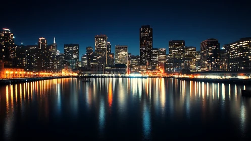 Urban waterfront skyline at night with reflected lights.