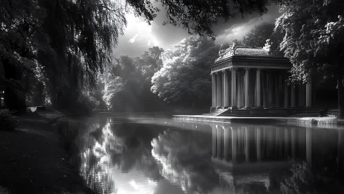 Neoclassical riverside pavilion mirrored on tranquil forest water